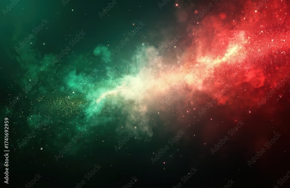 Fototapeta premium Abstract nebula clouds in green and red hues with glowing particles resemble celestial bodies. Cosmic dust swirls across dark space creating a vibrant, colorful background with many bright stars.