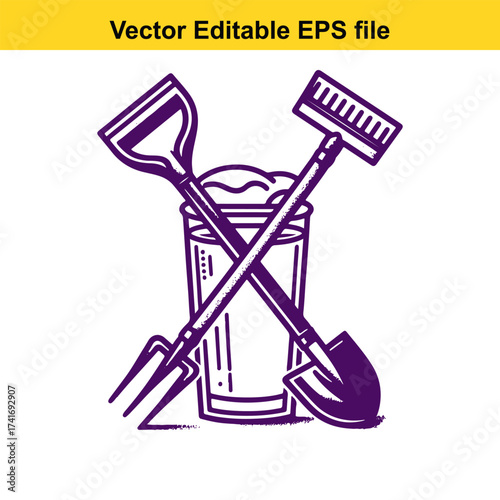 Vector art of crossed shovel and rake with a glass of beer