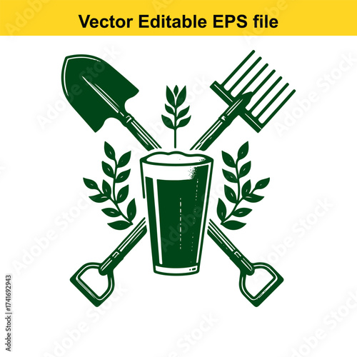 Vector art of crossed shovel and rake with a glass of beer