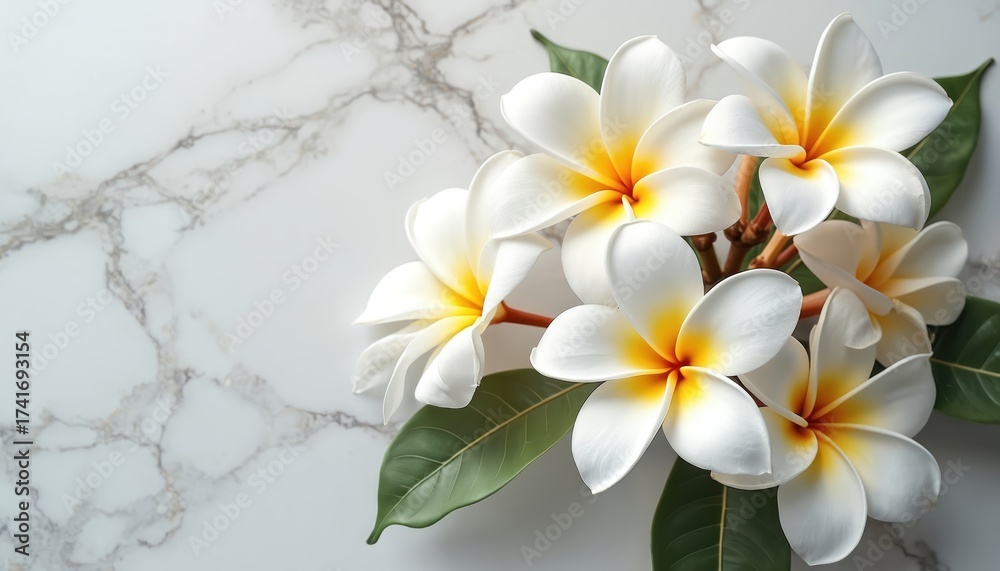 Naklejka premium Frangipani flowers lay on marble background. White plumeria with yellow core, green leaves. Concept for tropical nature spa floral wellness. Beautiful flower design element for luxury botany concept.