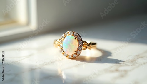 Opal gem encircled with diamonds in ring on marble table. Golden jewelry sparkles in soft light. Fashionable engagement ring with precious stone closeup shot. Luxury gift for woman. Fine art