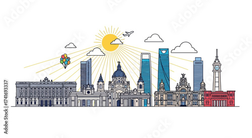 Cityscape illustration featuring iconic buildings and a bright sun with clouds and an airplane in the sky