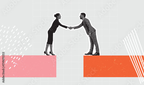 Business partnership handshake between man and woman in modern graphic illustration style