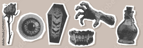 Halloween halftone creepy elements with eyeball, zombie hand, coffin, teeth and potion bottle