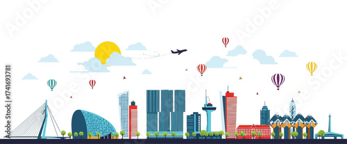 Skyline illustration of a modern city with skyscrapers, bridges, and hot air balloons against a sunny sky