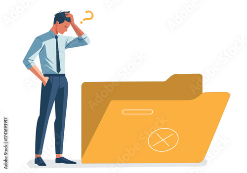 lost filesIllustration of a young man who is stressed, worried, and thinking hard.