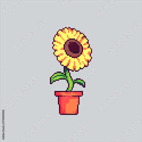 Pixel art illustration Potted Sunflower. Pixelated Sunflower on Pot. Potted Sunflower on Pot Icon pixelated for the pixel art game and icon for website and video game. old school retro.
