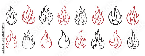 Hand drawn flames doodle set simple line art fire design