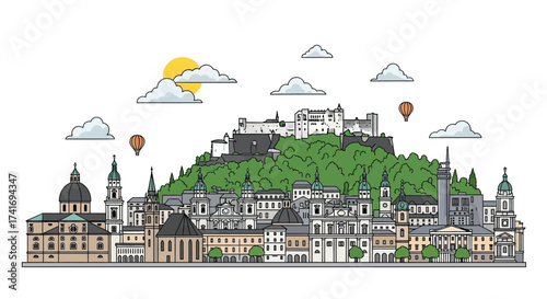Salzburg skyline illustration with historic buildings and iconic Hohensalzburg Fortress