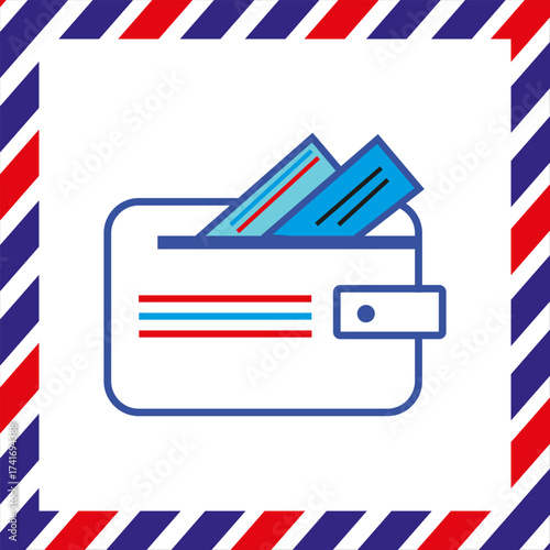 Airmail Envelope frame images with strips. International vintage letter border. Retro air mail postcard with blue and red stripes. Empty classic postal frame. Vector illustration