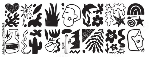 Matisse geometric doodle set organic shapes. Abstract floral naive art. Botanic elements boho aesthetics