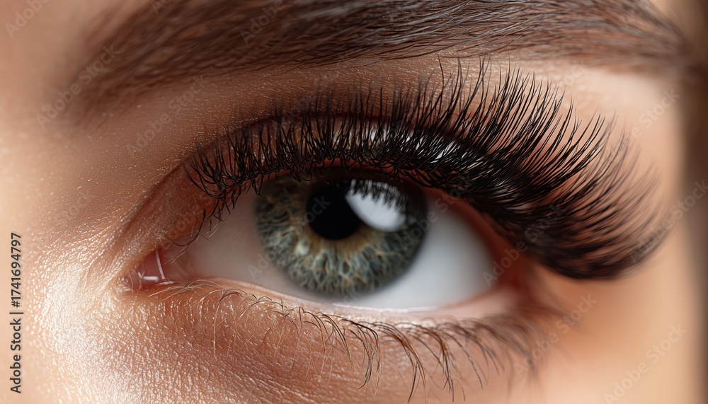 Obraz premium Stunning Macro Photography Of A Woman'S Eye With Dramatic Makeup, Featuring Long Lashes And Gorgeous Eyebrow Lamination. Cosmetics-Free Aesthetic.