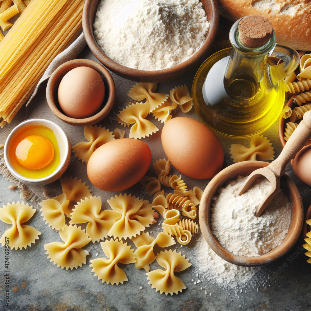 custom made wallpaper toronto digitalA rustic arrangement of pasta ingredients including eggs, flour, olive oil, and various pasta shapes, captured in a warm, inviting light. Generative AI