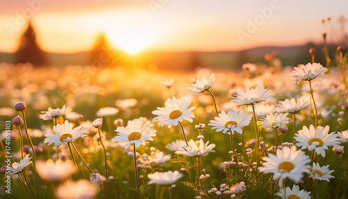Wallpaper Mural A field of white daisies bathed in the warm light of the setting sun. Generative AI. Torontodigital.ca