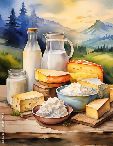 Wallpaper Mural A variety of dairy products, including milk bottles, cheese, and bowls of cottage cheese, arranged on a wooden table in a rustic setting. Generative AI Torontodigital.ca