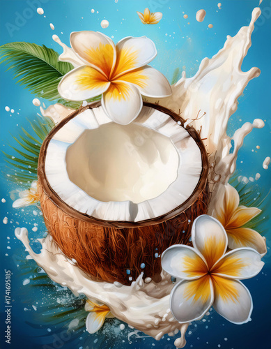 Wallpaper Mural A split coconut with white plumeria flowers and green palm leaves is surrounded by a dynamic splash of white liquid against a bright blue background Generative AI. Torontodigital.ca
