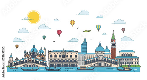 Colorful line art illustration of the famous Italian water city skyline with historic architecture, canals, gondolas, and bridges