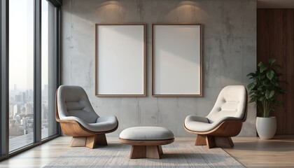 Modern living room with chairs, ottoman, plant, and two blank frames on concrete wall. Expansive city view through large window. Minimalist decor style.