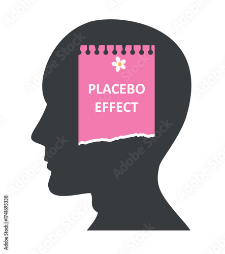 Illustration of the placebo effect concept showing a human head silhouette with a pink note inside the brain area, symbolizing mind-body connection, psychology, and medical research influence.