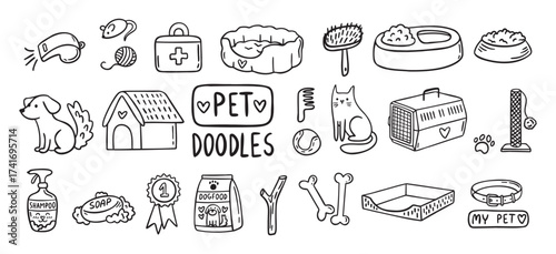Pet Cat and Dog doodle hand drawn set elements. Pet stuff drawing isolated icons