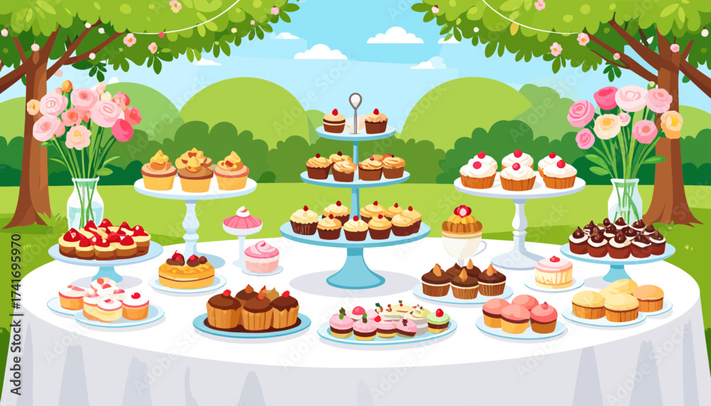 Fototapeta premium Festive Garden Dessert Table with Colorful Cupcakes, Cakes, and Sweet Treats for Outdoor Celebrations and Parties