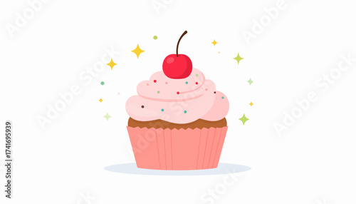 Sweet pink cupcake with cherry and sprinkles vector illustration