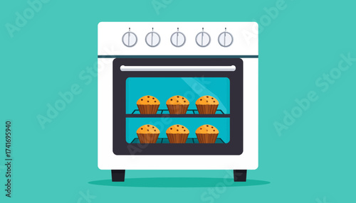 Muffins baking in a modern white oven. Flat vector illustration of kitchen appliance with fresh pastries, cooking concept on teal background.