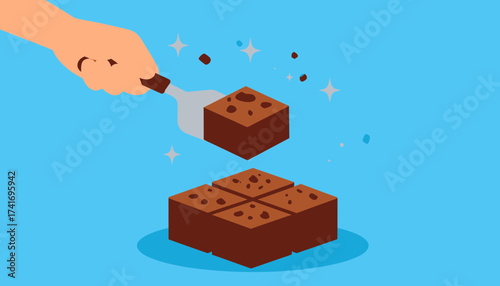 Hand serving a delicious chocolate brownie square with a spatula. Sweet dessert treat illustration.