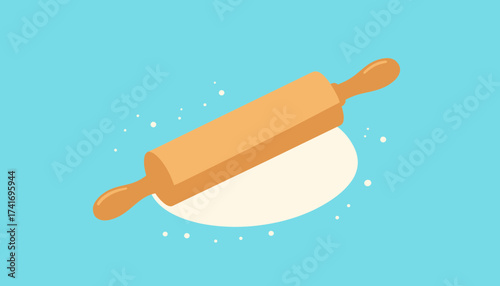 Wooden Rolling Pin Flattening Dough. Flat Design Baking Illustration with Flour Sprinkles on Blue Background.
