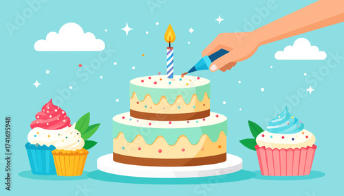 Hand Decorating Birthday Cake with Sprinkles, Lit Candle, and Cupcakes on Blue Background