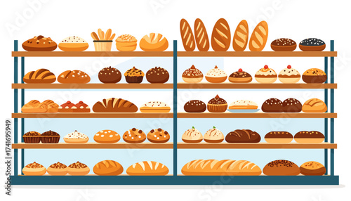Fresh Baked Goods Display on Bakery Shelves - Assorted Breads, Pastries, Muffins, and Donuts Illustration
