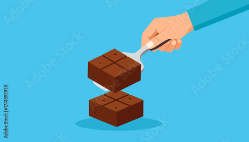Hand serving chocolate brownie slice with cake server. Flat vector dessert illustration on blue background.