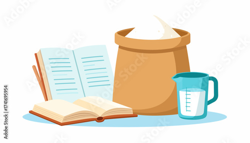 Baking Essentials: Recipe Books, Flour, and Milk Illustration for Home Cooking