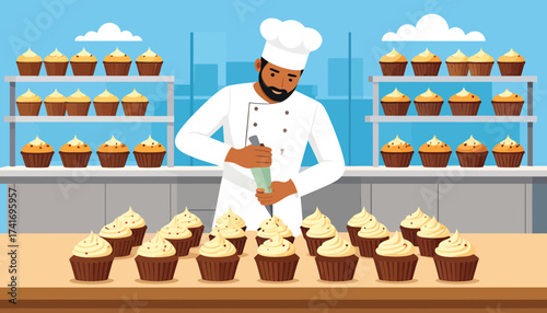 Professional male baker decorating delicious cupcakes with frosting in a modern bakery kitchen.