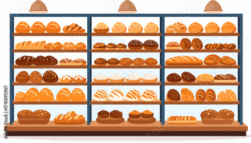 Fresh Baked Bread and Pastry Display in Bakery Shop Illustration with Variety of Delicious Goods