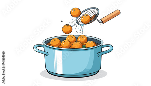 Draining cooked round food from a pot with a slotted spoon. Food preparation illustration.