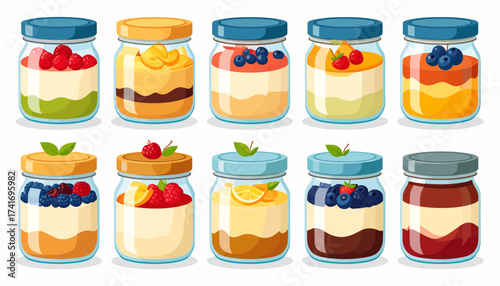 Variety of Layered Fruit Parfaits in Glass Jars. Healthy Dessert and Snack Collection.