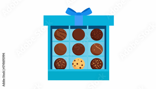 Unique cookie among assorted chocolates in an open blue gift box with ribbon, flat vector illustration