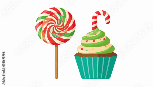 Sweet Holiday Treats: Colorful Swirl Lollipop and Candy Cane Cupcake Illustration