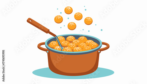 Frying or boiling golden round food in a pot with a slotted spoon. Cooking process vector illustration.
