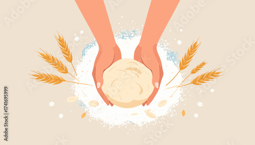 Hands holding fresh raw dough, surrounded by wheat ears and flour dust. Homemade baking and cooking vector illustration.