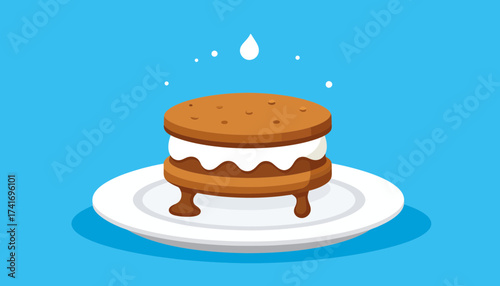 Sweet Cartoon Cookie Sandwich Dessert with Cream Filling, Chocolate Drips, and Falling Drop on a Plate