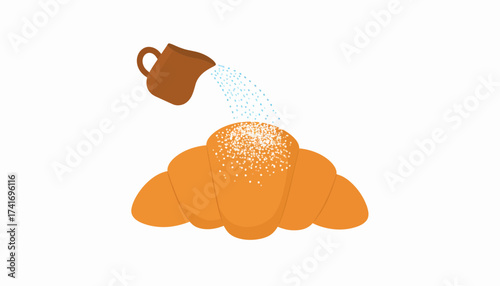Powdered sugar being sprinkled on a fresh croissant. Sweet pastry vector illustration for breakfast, baking, and dessert concepts.