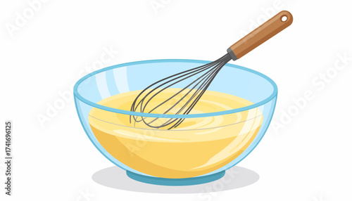 Whisk in a clear glass mixing bowl with yellow liquid batter. Kitchen utensil for cooking and baking preparation, isolated.