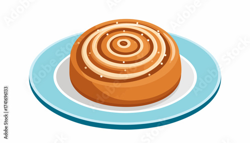 Sweet Cinnamon Roll with Icing and Sprinkles on Blue Plate, Cartoon Vector Icon