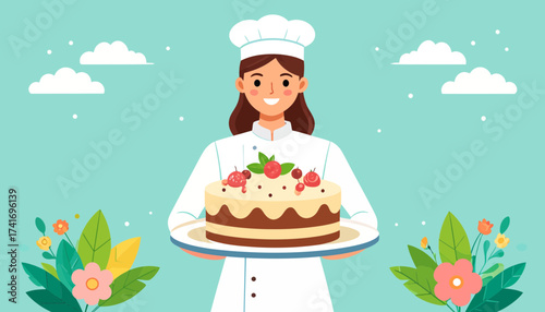 Smiling Female Baker Holding Delicious Layer Cake with Strawberries and Cream. Flat Cartoon Illustration.