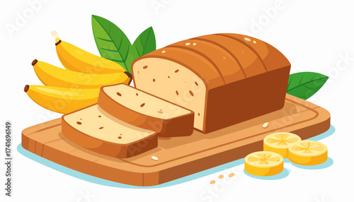 Delicious Sliced Banana Bread Loaf with Fresh Bananas on Wooden Board Illustration
