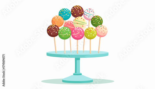 Colorful Cake Pops with Sprinkles on a Turquoise Stand. Sweet Dessert Treats for Celebrations. Flat Vector Illustration.
