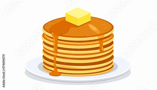 Classic stack of golden pancakes with melting butter and sweet maple syrup dripping on a white plate, breakfast food illustration