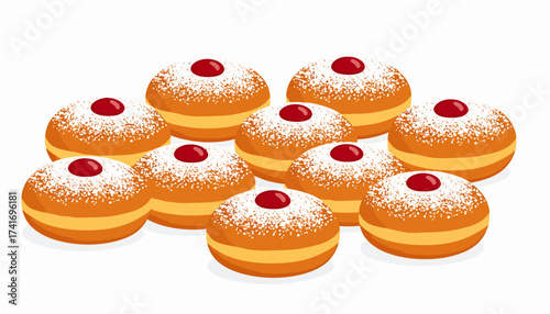 Delicious jelly donuts with powdered sugar and red jam topping, arranged on white. Sweet pastry illustration.